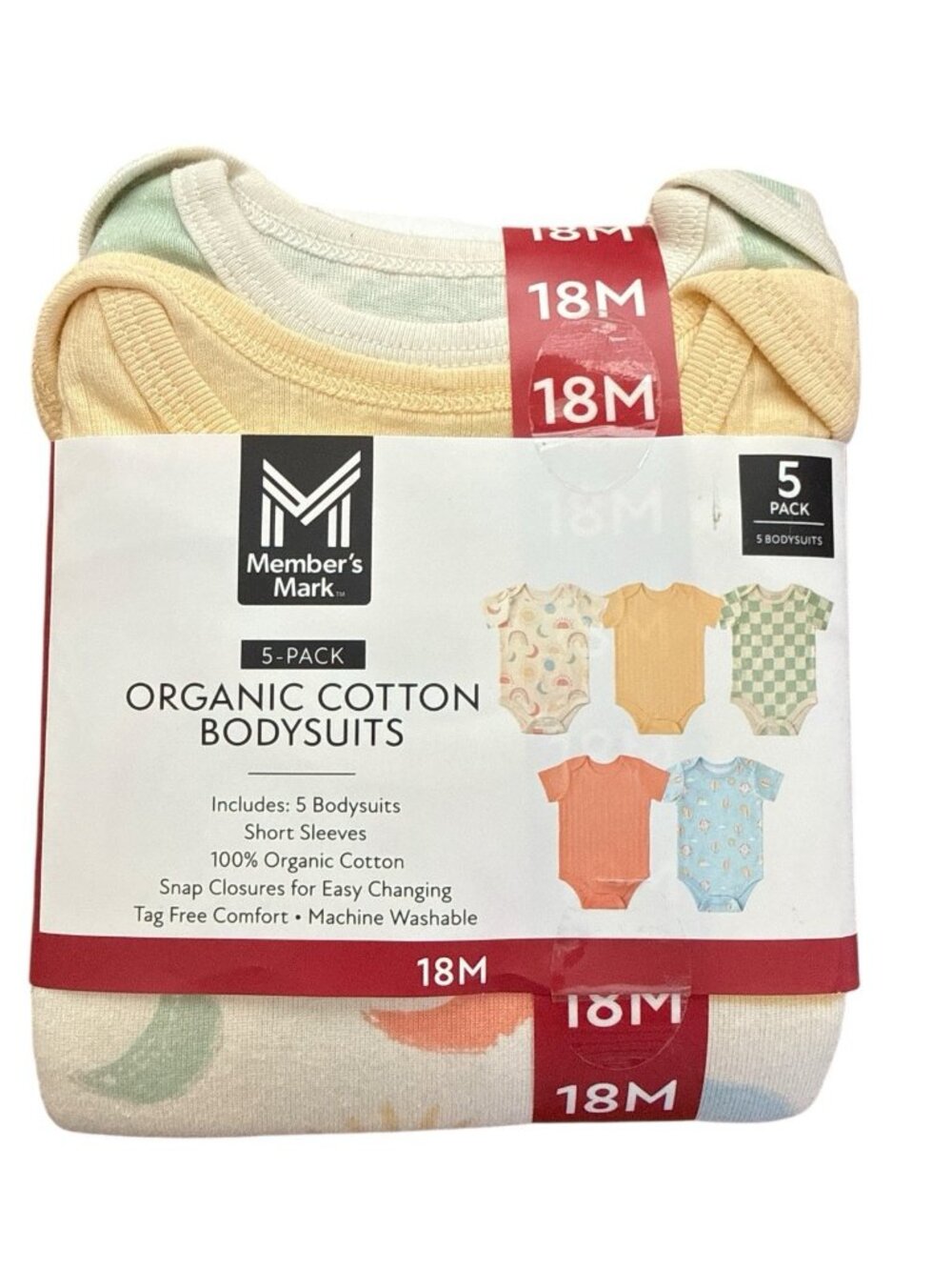 Member's Mark  Organic Cotton Bodysuits-5 Pack-Size 18 Months